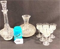 Beautiful Crystal Bottle, Vase and 6 Glasses