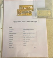1922 $500 Gold Certificate Ingot