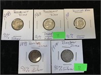 (2) Barber Dimes and (3) Roosevelt Dimes