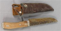Bowie style sheath knife w/leather sheath marked