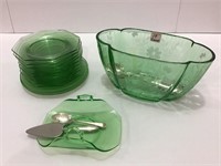 Group of Green Depression Glass Including Etched