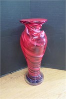 Large 13.5" high Red & Blue Swirl Art Glass Vase