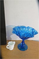 Ruffled Glass Blue Compote & Milkglass Tooth Pick