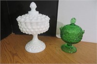 6" H Green Glass Compote & 8" h Milkglass Compote