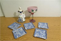 Blue & White Porcelain Set, Pretty Girl Figurine+