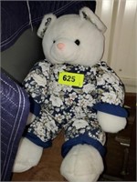 WHITE STUFFED BEAR IN BLUE OUTFIT