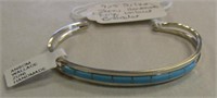 925 Silver Zuni Turquoise Inlaid Signed Bracelet