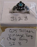 925 Silver Vintage Turquoise Chip Ring Sz 8
