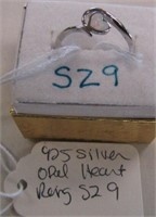 925 Silver Opal Heart Ring Sz 9
