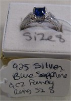 925 Silver Blue Sapphire & CZ Fancy Ring Sz 8