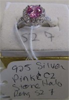 925 Silver Pink & CZ Stone Halo Ring Sz 7