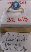 10kt Gold Blue Stone & Diamond Chip Ring Sz 6.5