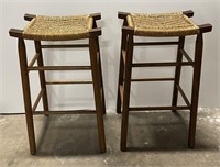 Pair of Wood & Wicker Barstools