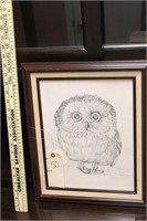 Framed owl art signed