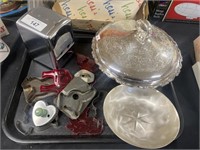 Silver plated covered dish, kitchen items.