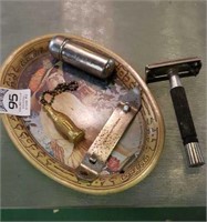 Odd lot, coke keychain and pin tray, razor, metal
