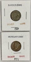 1907 Barber Silver Dime and 1941 Mercury Silver