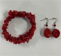 Dyed Red Coral Bracelet and Earrings