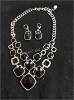 Large Silver Tone & Black Necklace Set