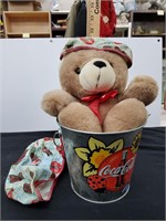 Coca Cola Tin Bucket w/Bear and Dew Rag