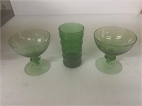 3 ASSORTED GREEN GLASSES TALLEST ABOUT 5 INCHES