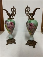 PAIR OF FLORAL URNS GLASS AND METAL
