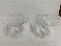 2 CUT GLASS PEDESTAL CANDLE STANDS ABOUT 6