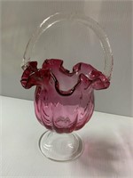 HAND BLOWN FLUTED PINK BASKET ABOUT 12 INCHES