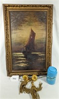 Vintage Signed Oil Painting Sailboat Dusk Framed