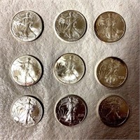 Nine (9)  2018 Silver Eagles Coins