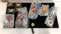 9PC MILITARY MEDALS AND PLASTIC RUBBER PATCHES