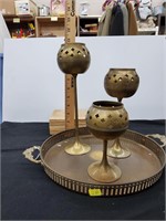 Brass Tray & 3pc Candle Holders