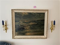 Large Framed Art with 2 Brass Candle Holders