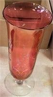 10" TALL / RED VASE GLASS ETCHED / SHIPS