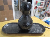 Black vase 9 1/2" on tray 15 x 6"