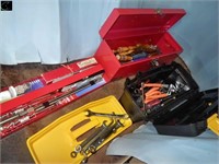 Red Metal Tool Box w/ Wood Chisels & Plastic