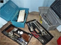 2 Plastic tool boxes w/ wrenches, vice grips ,