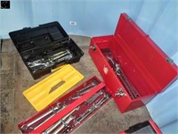 Metal & plastic tool boxes w/grey wrench set &
