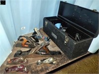 Metal tool box w/ small sqaures, misc tools,