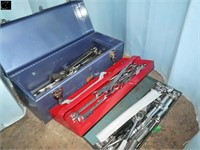 Metal tool box w/ wrenches, plier, crescent
