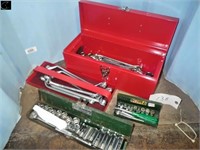 Red Metal tool box w/double box end wrenches