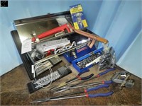 Silver tool box w/ pipewrench, 3/8 sockets,