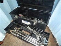 Plastic tool box w/cresent wrenches, pry bar,