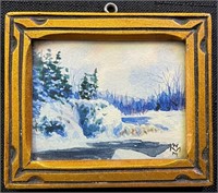 W.M MITCHELL SIGNED WATERCOLOR W HAND CARVED FRAME