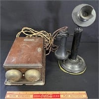 ANTIQUE CANDLE STICK PHONE AND RINGER