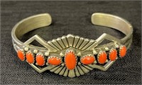 HEAVY STERLING SILVER AND CORAL CUFF BRACELET