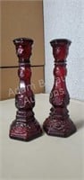 Two vintage cranberry red glass candelabras