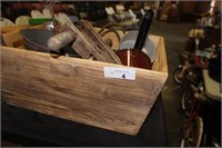 WOODEN BOX WITH MISC. STRAINER AND APPLE PEELERE