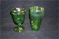 Two Grapes and Leaves Green Iridescent Glasses