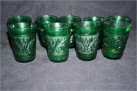 Set  9 Forest Green Sandwich Glass Water Glasses